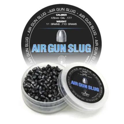 G Smith & Co. Air Gun Slug .177 Cal (4.5mm) 11 Grains – 400 pieces per pack, black cylindrical slugs in a transparent plastic container with labeled lid