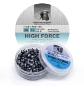 Image of G Smith & Co. High Force 0.22 Cal airgun pellets, 15 grain, 200 count, designed for field shooting. The pellets are packed in a transparent plastic container with a blue and silver label, displayed with the lid open.