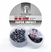 G Smith & Co. Super Impact HW .22 Cal (5.5mm) airgun pellets, 18 grain, 200 pieces – shown in a transparent round container with a labeled lid and background packaging for field shooting use.