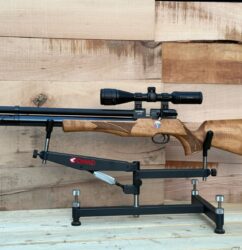 the Valorous Vertigo Side Lever 0.177 PCP Air Rifle with regulated power and wood finish