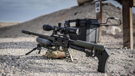 High-performance tactical airgun rifle displayed outdoors, precision scope and bipod visible, from Airgunking – a Reliable Airgun Shop for professional air rifles and shooting gear.